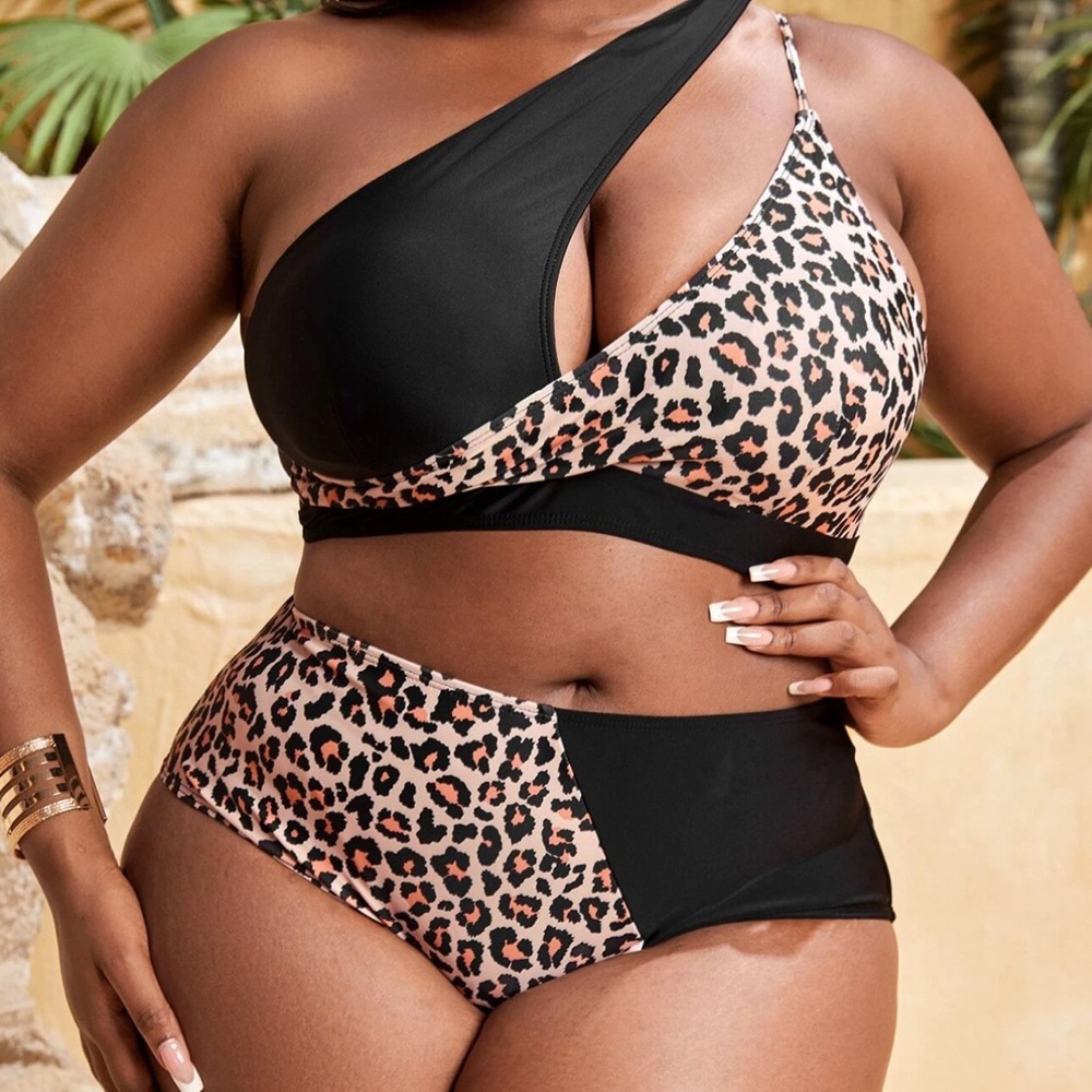 New Shein Leopard Print One-Shoulder High Waist Bikini Set